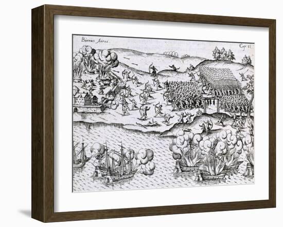 Battle Between the Natives and the Spaniards in South America from Vera Historia Navigationis, 1599-null-Framed Giclee Print