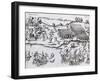 Battle Between the Natives and the Spaniards in South America from Vera Historia Navigationis, 1599-null-Framed Giclee Print