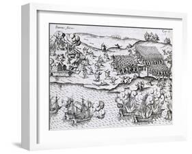 Battle Between the Natives and the Spaniards in South America from Vera Historia Navigationis, 1599-null-Framed Giclee Print