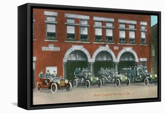 Battle Creek, Michigan - Fire Station No 1 with Firetrucks and Firefighters-Lantern Press-Framed Stretched Canvas