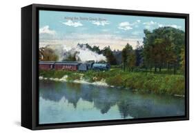 Battle Creek, Michigan - Train Along the Battle Creek River Scene-Lantern Press-Framed Stretched Canvas