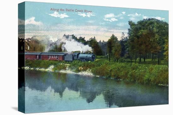 Battle Creek, Michigan - Train Along the Battle Creek River Scene-Lantern Press-Stretched Canvas