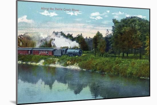 Battle Creek, Michigan - Train Along the Battle Creek River Scene-Lantern Press-Mounted Art Print