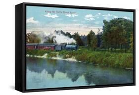 Battle Creek, Michigan - Train Along the Battle Creek River Scene-Lantern Press-Framed Stretched Canvas