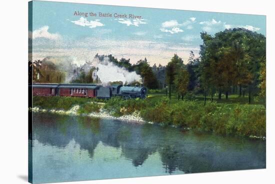 Battle Creek, Michigan - Train Along the Battle Creek River Scene-Lantern Press-Stretched Canvas