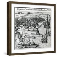 Battle in Jamaica Between Christopher Columbus (1451-1506) and Francisco Poraz-Theodore de Bry-Framed Giclee Print