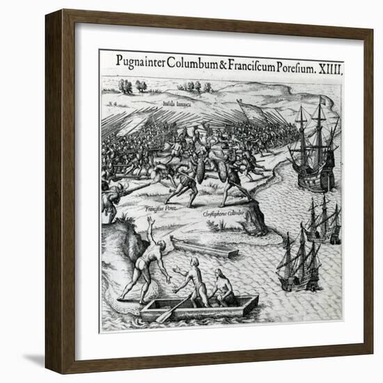 Battle in Jamaica Between Christopher Columbus (1451-1506) and Francisco Poraz-Theodore de Bry-Framed Giclee Print