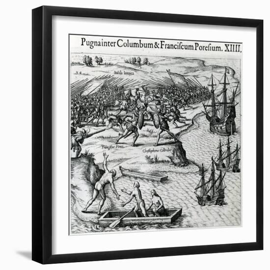 Battle in Jamaica Between Christopher Columbus (1451-1506) and Francisco Poraz-Theodore de Bry-Framed Giclee Print