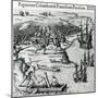 Battle in Jamaica Between Christopher Columbus (1451-1506) and Francisco Poraz-Theodore de Bry-Mounted Giclee Print