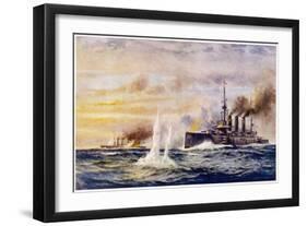 Battle of the Falkland Islands the Light Cruiser Kent Sinks the German Cruiser Nurnberg-Charles J. De Lacy-Framed Art Print