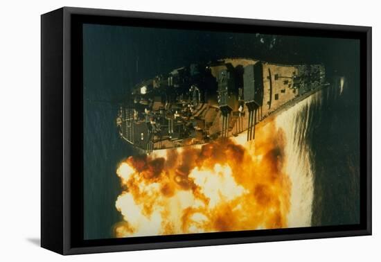 Battleship USS Iowa During Test Firing of Her 50 Caliber Guns Off Starboard Side, Caribbean Sea-null-Framed Stretched Canvas