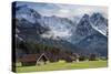 Bavarian Alps, Germany with Huts and Snow on Mountains-Sheila Haddad-Stretched Canvas