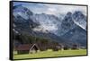 Bavarian Alps, Germany with Huts and Snow on Mountains-Sheila Haddad-Framed Stretched Canvas