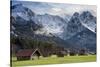 Bavarian Alps, Germany with Huts and Snow on Mountains-Sheila Haddad-Stretched Canvas