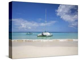 Bay Islands, Roatan, West Bay, Man Reading Book on Catamaran, Honduras-Jane Sweeney-Stretched Canvas