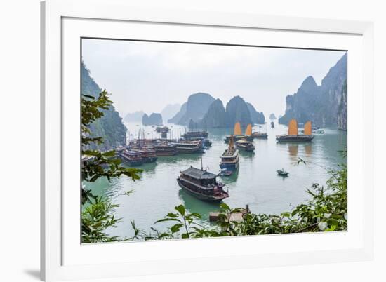 Bay, Vietnam (UNESCO World Heritage Site). Junks in the bay.-Tom Haseltine-Framed Photographic Print