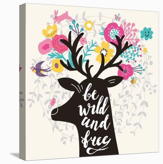 Be Wild and Free. Incredible Deer Silhouette with Awesome Horns Made of Flowers, Swallow, Rabbit, C-smilewithjul-Stretched Canvas