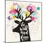 Be Wild and Free. Incredible Deer Silhouette with Awesome Horns Made of Flowers, Swallow, Rabbit, C-smilewithjul-Mounted Art Print