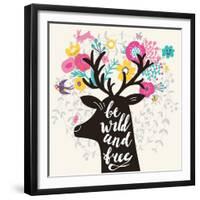 Be Wild and Free. Incredible Deer Silhouette with Awesome Horns Made of Flowers, Swallow, Rabbit, C-smilewithjul-Framed Premium Giclee Print