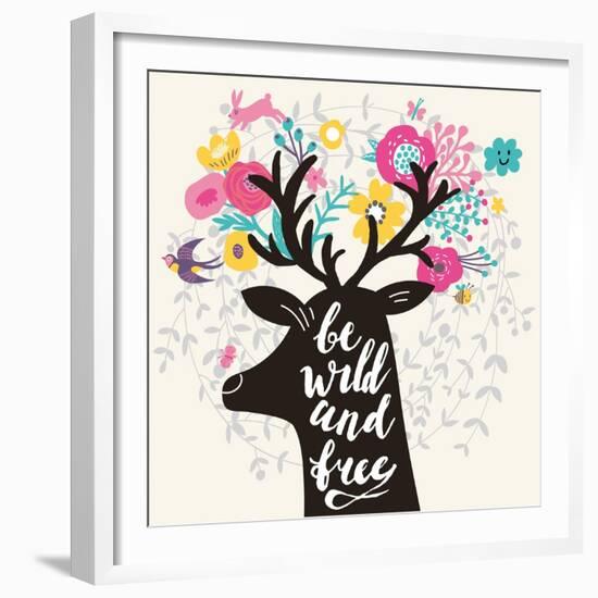 Be Wild and Free. Incredible Deer Silhouette with Awesome Horns Made of Flowers, Swallow, Rabbit, C-smilewithjul-Framed Premium Giclee Print