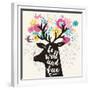 Be Wild and Free. Incredible Deer Silhouette with Awesome Horns Made of Flowers, Swallow, Rabbit, C-smilewithjul-Framed Premium Giclee Print