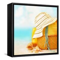 Beach Accessories on the Sand near Sea, Skin Protection, Seashell, Hat, Bag, Day Spa, Tropical Reso-Anna Omelchenko-Framed Stretched Canvas