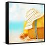 Beach Accessories on the Sand near Sea, Skin Protection, Seashell, Hat, Bag, Day Spa, Tropical Reso-Anna Omelchenko-Framed Stretched Canvas