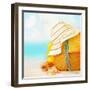 Beach Accessories on the Sand near Sea, Skin Protection, Seashell, Hat, Bag, Day Spa, Tropical Reso-Anna Omelchenko-Framed Photographic Print