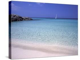 Beach and Sailing Boat, Formentera, Balearic Islands, Spain, Mediterranean, Europe-Vincenzo Lombardo-Stretched Canvas