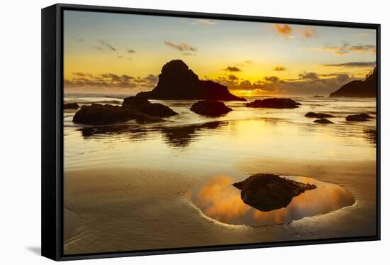 Beach and sea stacks at sunset, Indian Beach, Ecola State Park, Oregon-Adam Jones-Framed Stretched Canvas