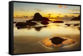 Beach and sea stacks at sunset, Indian Beach, Ecola State Park, Oregon-Adam Jones-Framed Stretched Canvas