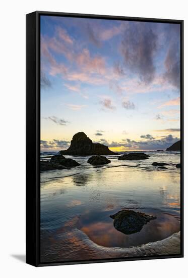 Beach and sea stacks at sunset, Indian Beach, Ecola State Park, Oregon-Adam Jones-Framed Stretched Canvas