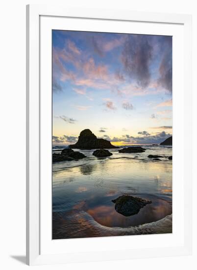 Beach and sea stacks at sunset, Indian Beach, Ecola State Park, Oregon-Adam Jones-Framed Photographic Print