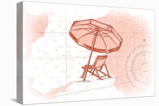 Beach Chair and Umbrella - Coral - Coastal Icon-Lantern Press-Stretched Canvas