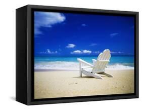 Beach Chair on Empty Beach-Randy Faris-Framed Stretched Canvas