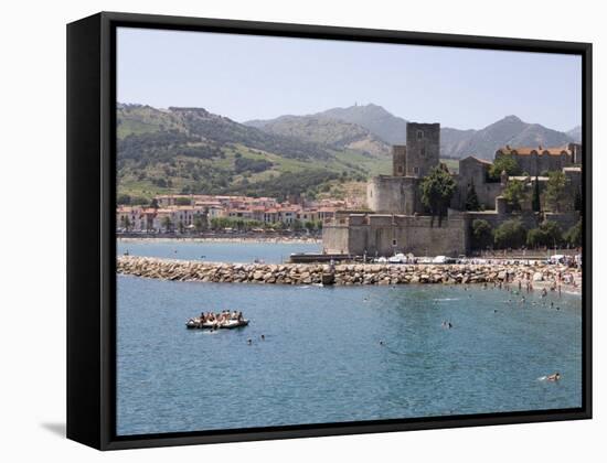 Beach, Chateau Royal, Collioure, Pyrenees-Orientales, Languedoc, France, Europe-Martin Child-Framed Stretched Canvas