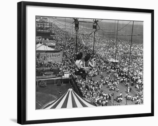 Beach Crowds as Seen from the Parachute Jump at Steeple Park, Coney Island, NY, 1950-null-Framed Photo