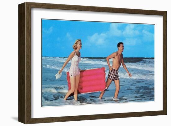 Beach-goers with Raft, Retro-null-Framed Art Print