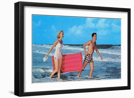 Beach-goers with Raft, Retro-null-Framed Art Print