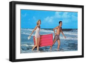 Beach-goers with Raft, Retro-null-Framed Art Print