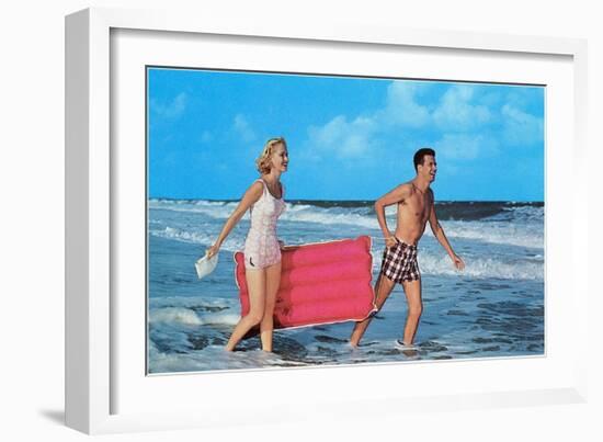 Beach-goers with Raft, Retro-null-Framed Art Print