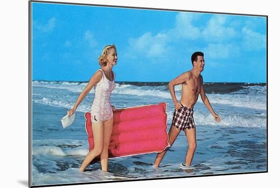 Beach-goers with Raft, Retro-null-Mounted Art Print