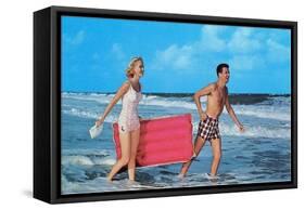 Beach-goers with Raft, Retro-null-Framed Stretched Canvas