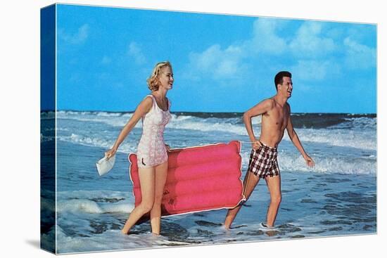 Beach-goers with Raft, Retro-null-Stretched Canvas