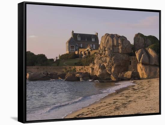 Beach House Built Behind Rocks, Tregastel, Cote De Granit Rose, Cotes d'Armor, Brittany, France-David Hughes-Framed Stretched Canvas