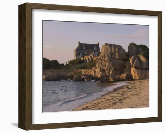 Beach House Built Behind Rocks, Tregastel, Cote De Granit Rose, Cotes d'Armor, Brittany, France-David Hughes-Framed Photographic Print