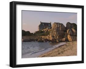 Beach House Built Behind Rocks, Tregastel, Cote De Granit Rose, Cotes d'Armor, Brittany, France-David Hughes-Framed Photographic Print