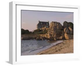 Beach House Built Behind Rocks, Tregastel, Cote De Granit Rose, Cotes d'Armor, Brittany, France-David Hughes-Framed Photographic Print