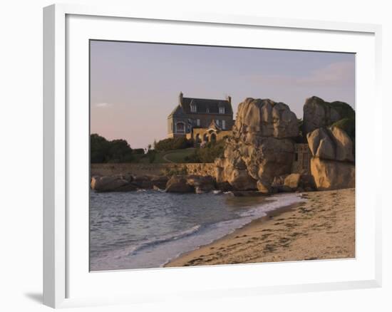 Beach House Built Behind Rocks, Tregastel, Cote De Granit Rose, Cotes d'Armor, Brittany, France-David Hughes-Framed Photographic Print