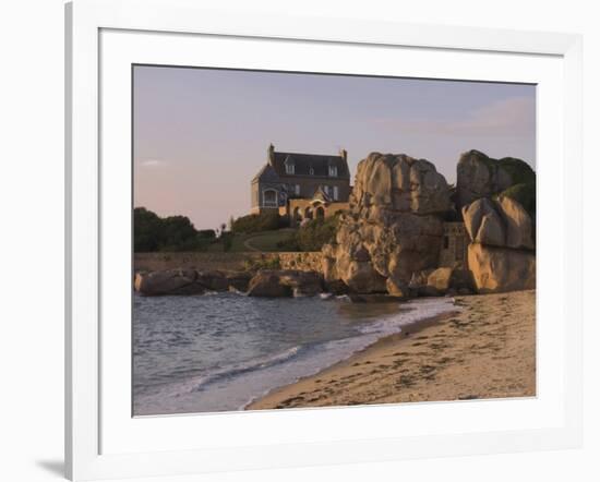 Beach House Built Behind Rocks, Tregastel, Cote De Granit Rose, Cotes d'Armor, Brittany, France-David Hughes-Framed Photographic Print